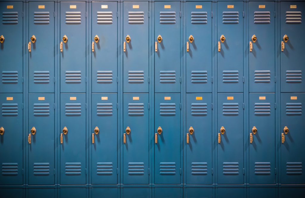 row of blue lockers