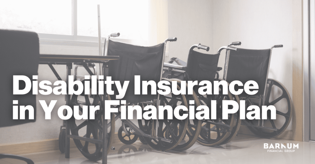 A hallway with empty wheelchairs lined up against the wall, facing a large window. Sun shining through. Title: Disability Insurance in Your Financial Plan