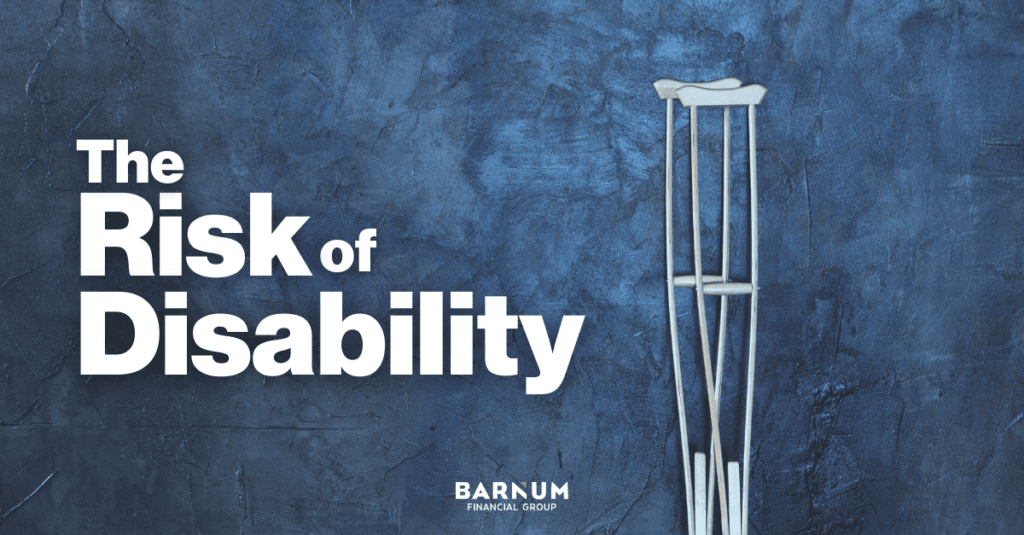 The Barnum Report: A pair of crutches lean against a dirty blue wall. Title: The Risk of Disability.