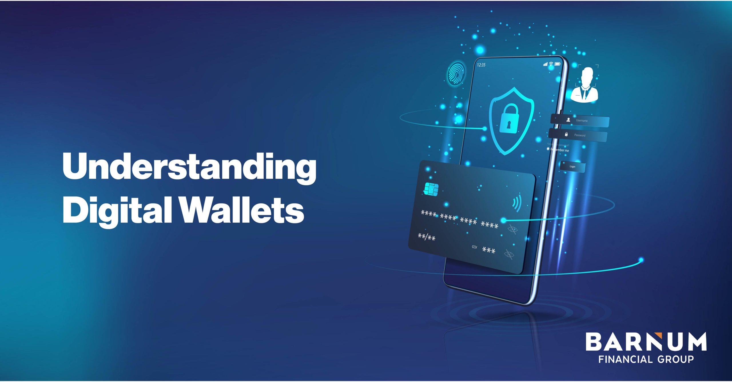 A digital wallet, with a credit card floating in front of a smartphone. Title: Understanding Digital Wallets