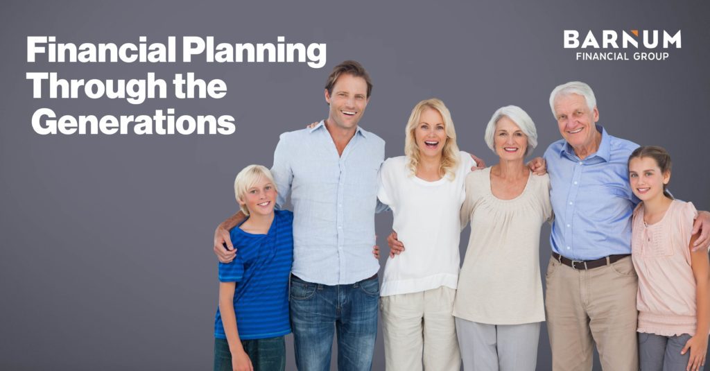 Generations of a family hugging and smiling. Title: Financial Planning Through the Generations